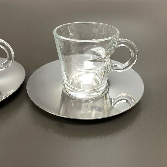 Nestle Nespresso View Expresso Cups and Saucers 2 Sets Glass Stainless Steel - Picture 3 of 10